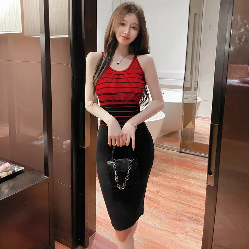 Elegant Stripe Color Block Tank Knitted Sheath Pencil Simple Bodycon Vestidos Dress