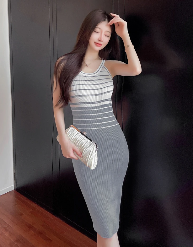 Elegant Stripe Color Block Tank Knitted Sheath Pencil Simple Bodycon Vestidos Dress