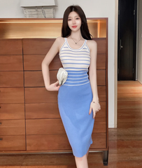 Elegant Stripe Color Block Tank Knitted Sheath Pencil Simple Bodycon Vestidos Dress
