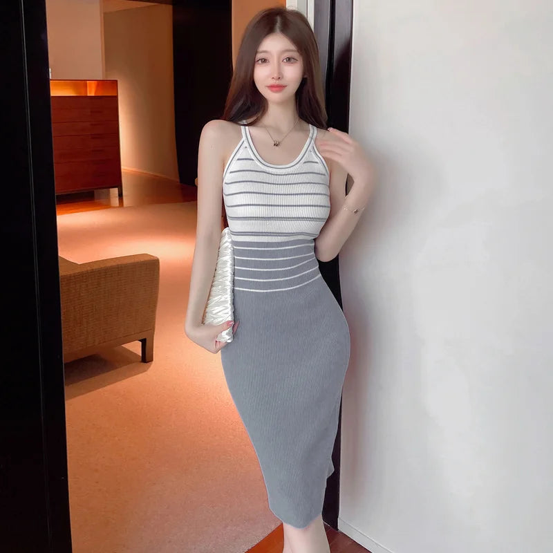 Elegant Stripe Color Block Tank Knitted Sheath Pencil Simple Bodycon Vestidos Dress