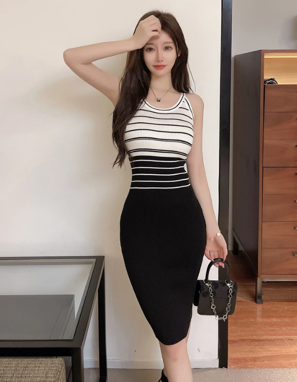 Elegant Stripe Color Block Tank Knitted Sheath Pencil Simple Bodycon Vestidos Dress