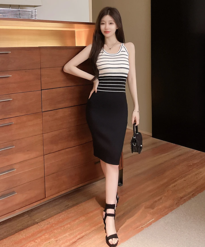 Elegant Stripe Color Block Tank Knitted Sheath Pencil Simple Bodycon Vestidos Dress