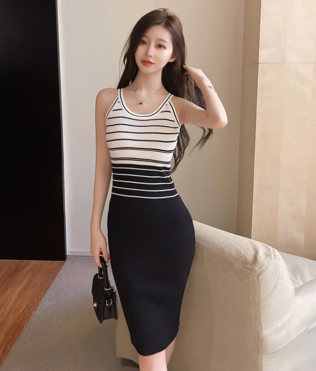 Elegant Stripe Color Block Tank Knitted Sheath Pencil Simple Bodycon Vestidos Dress