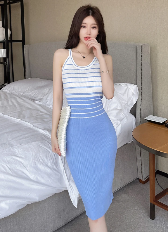 Elegant Stripe Color Block Tank Knitted Sheath Pencil Simple Bodycon Vestidos Dress