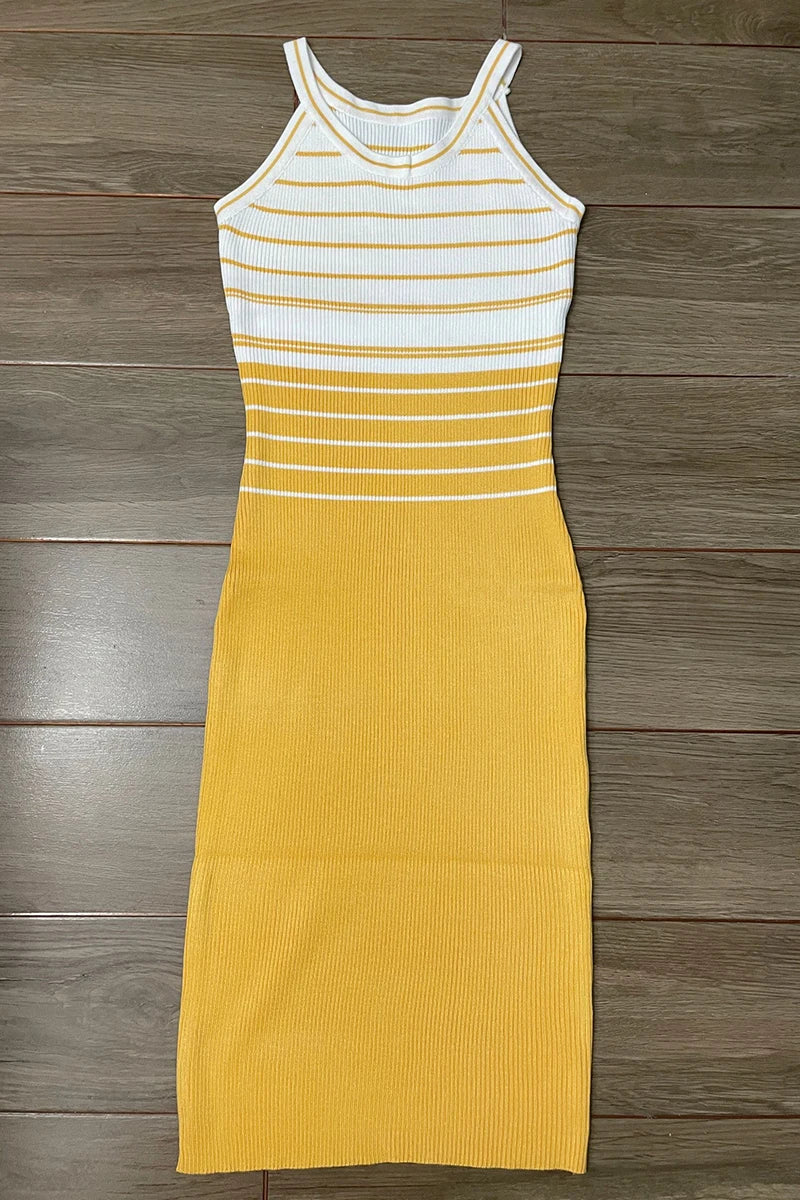 Elegant Stripe Color Block Tank Knitted Sheath Pencil Simple Bodycon Vestidos Dress
