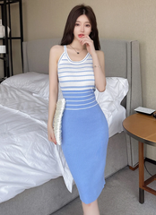 Elegant Stripe Color Block Tank Knitted Sheath Pencil Simple Bodycon Vestidos Dress