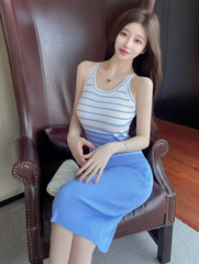 Elegant Stripe Color Block Tank Knitted Sheath Pencil Simple Bodycon Vestidos Dress