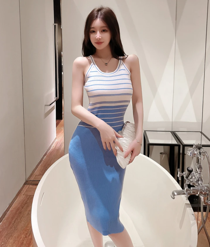 Elegant Stripe Color Block Tank Knitted Sheath Pencil Simple Bodycon Vestidos Dress