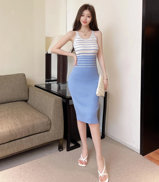 Elegant Stripe Color Block Tank Knitted Sheath Pencil Simple Bodycon Vestidos Dress