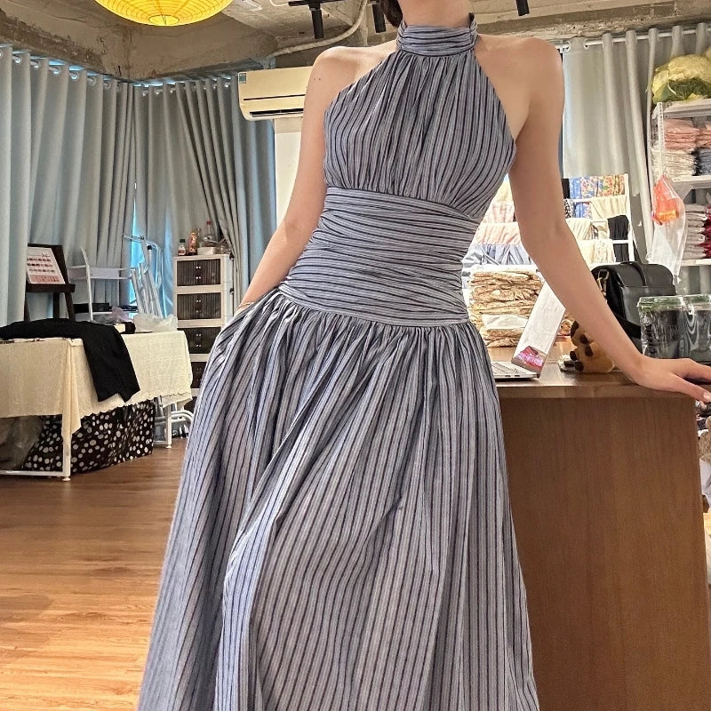 Elegant Stripe Print O-Neck Backless Sleeveless High Waist Pleated Long Dresses