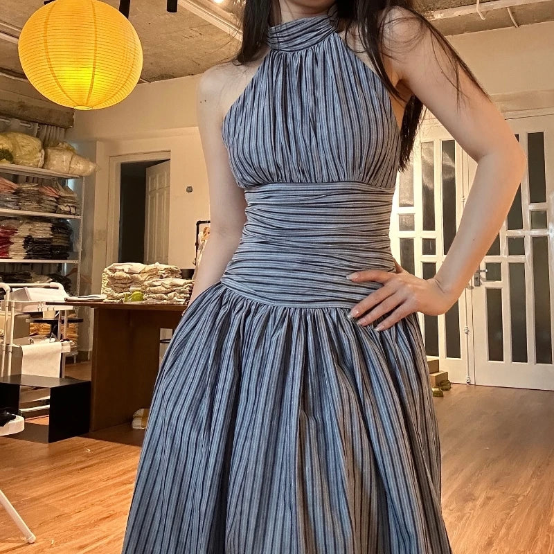 Elegant Stripe Print O-Neck Backless Sleeveless High Waist Pleated Long Dresses