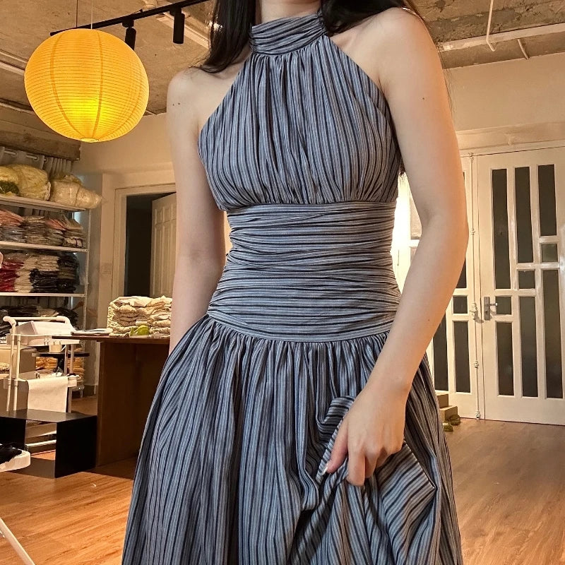 Elegant Stripe Print O-Neck Backless Sleeveless High Waist Pleated Long Dresses