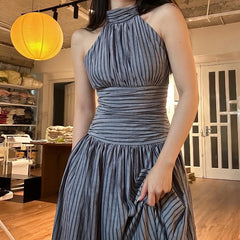 Elegant Stripe Print O-Neck Backless Sleeveless High Waist Pleated Long Dresses