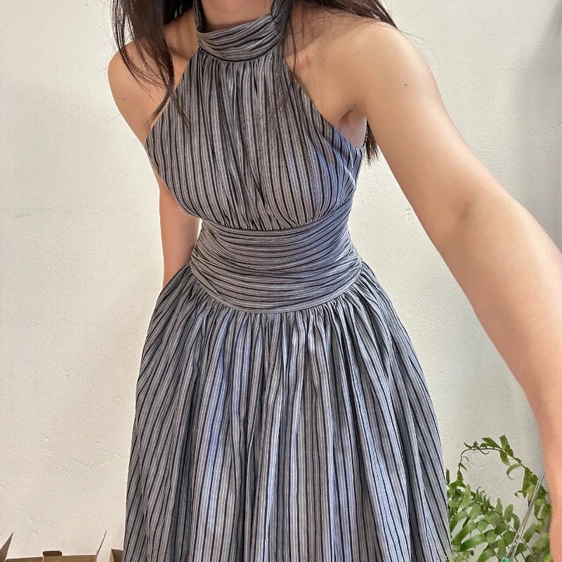 Elegant Stripe Print O-Neck Backless Sleeveless High Waist Pleated Long Dresses