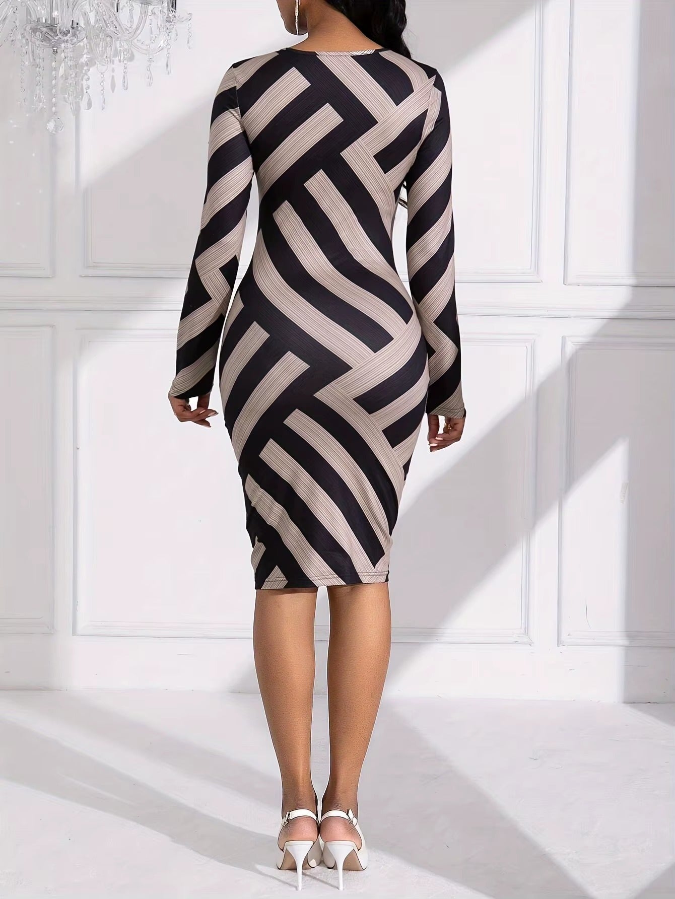 Elegant Stripe Printed Casual Round Long Sleeved Elastic Force Slim Dresses