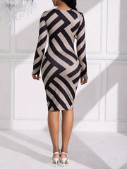 Elegant Stripe Printed Casual Round Long Sleeved Elastic Force Slim Dresses