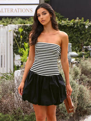 Elegant Striped Backless Strapless Sleeveless Mini Dress