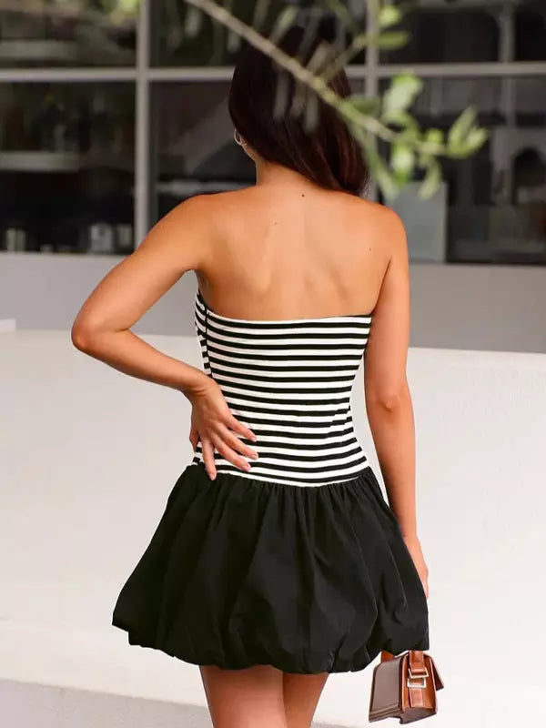 Elegant Striped Backless Strapless Sleeveless Mini Dress