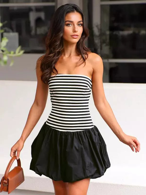 Elegant Striped Backless Strapless Sleeveless Mini Dress