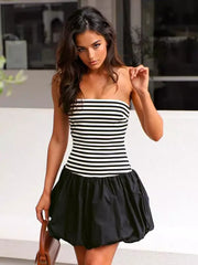 Elegant Striped Backless Strapless Sleeveless Mini Dress