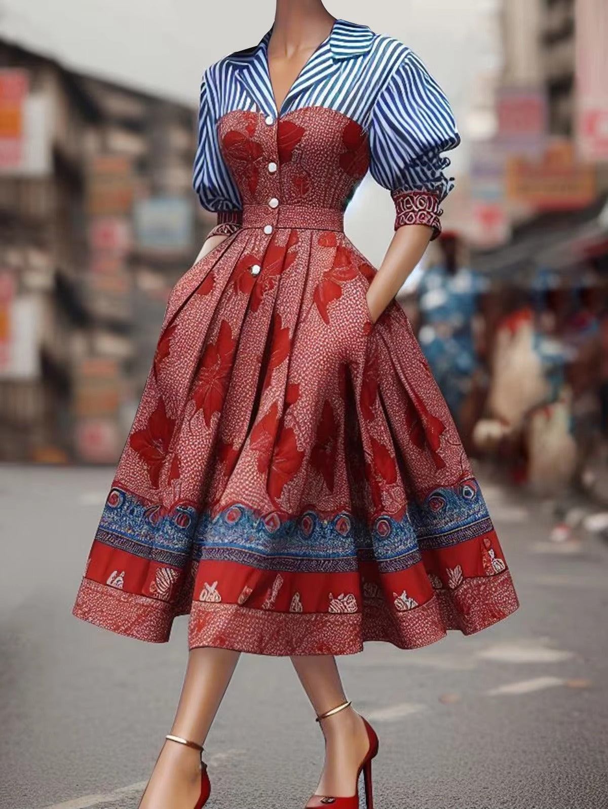 Elegant Striped Floral Patchwork Turndown Collar Shirt Midi Dress