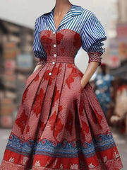 Elegant Striped Floral Patchwork Turndown Collar Shirt Midi Dress