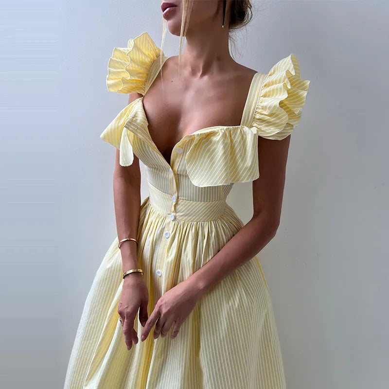 Elegant Striped Ruffles Square Collar Sleeveless Single Breasted Slim Long Dress
