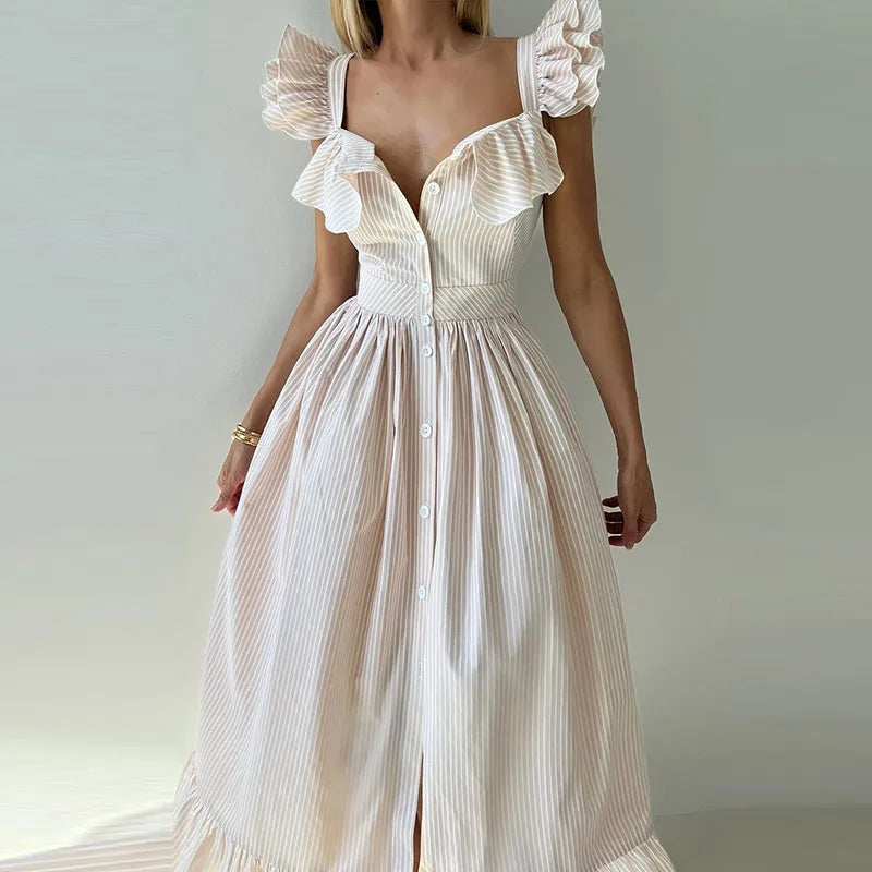 Elegant Striped Ruffles Square Collar Sleeveless Single Breasted Slim Long Dress