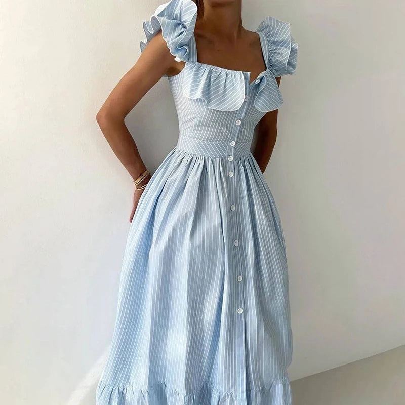 Elegant Striped Ruffles Square Collar Sleeveless Single Breasted Slim Long Dress