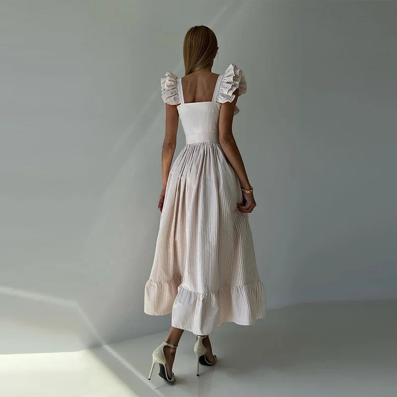 Elegant Striped Ruffles Square Collar Sleeveless Single Breasted Slim Long Dress