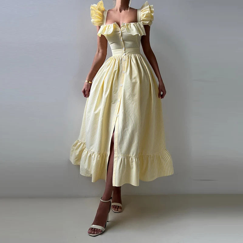 Elegant Striped Ruffles Square Collar Sleeveless Single Breasted Slim Long Dress