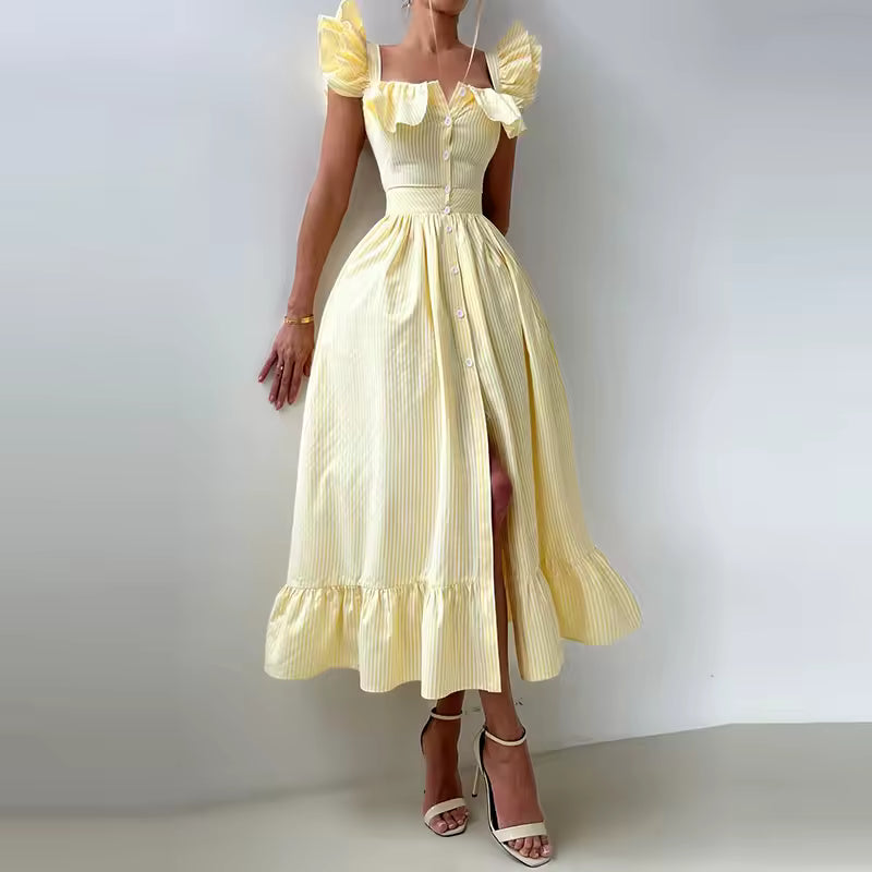 Elegant Striped Ruffles Square Collar Sleeveless Single Breasted Slim Long Dress