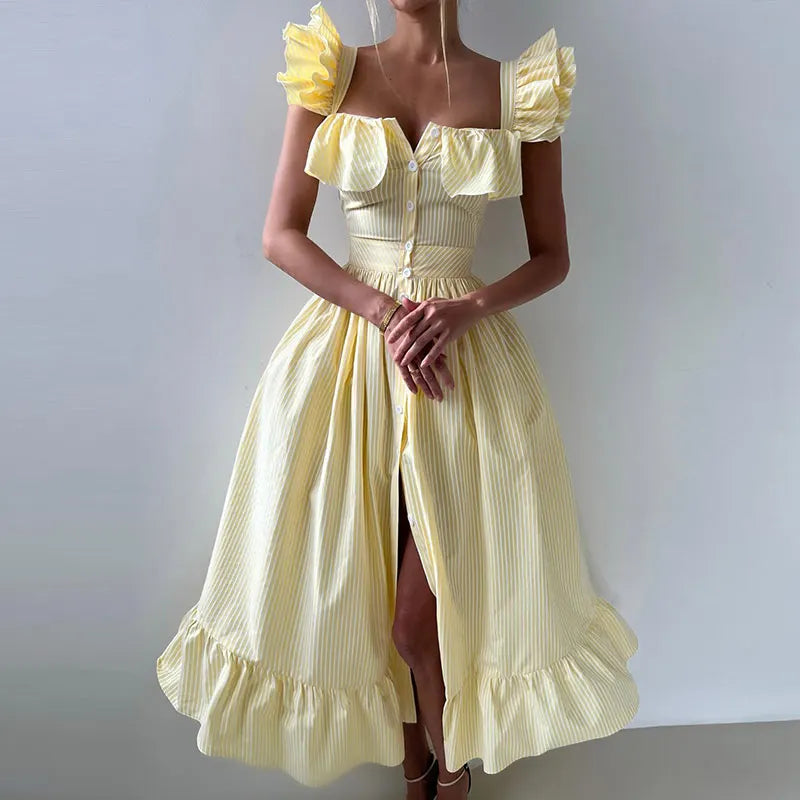 Elegant Striped Ruffles Square Collar Sleeveless Single Breasted Slim Long Dress