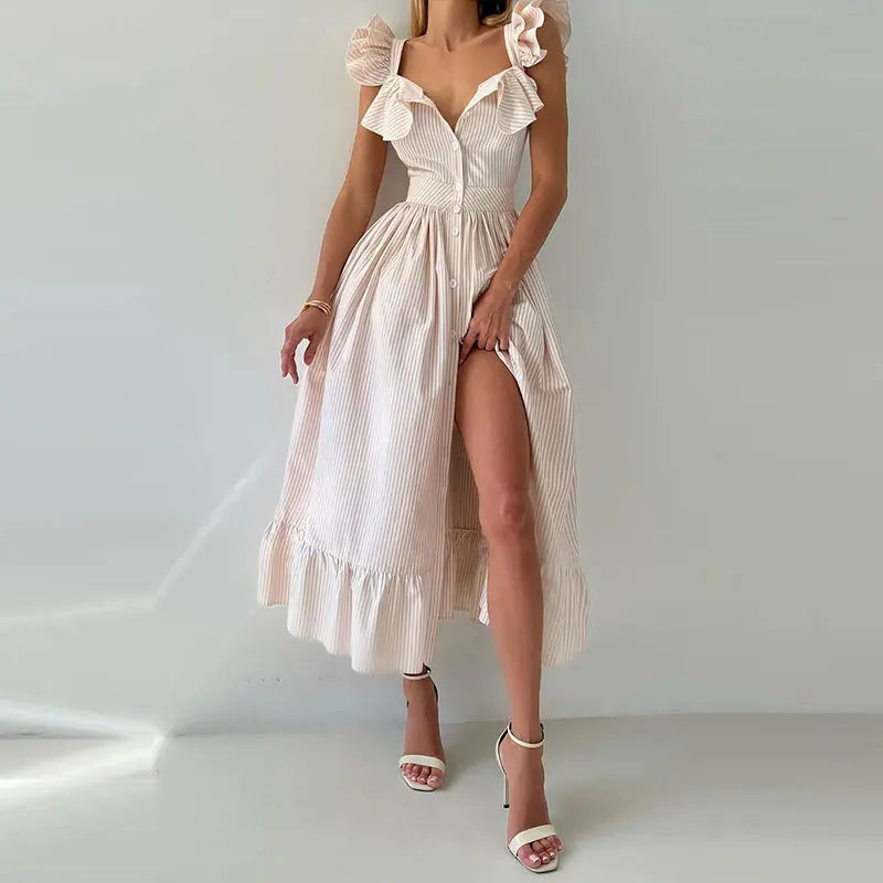 Elegant Striped Ruffles Square Collar Sleeveless Single Breasted Slim Long Dress