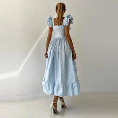 Elegant Striped Ruffles Square Collar Sleeveless Single Breasted Slim Long Dress