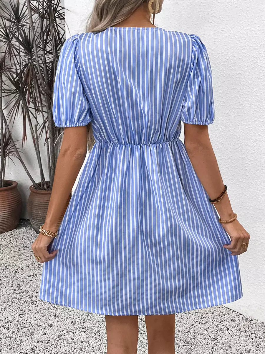 Elegant Striped Tie Front Puff Sleeves Short Sleeve Mini Dress