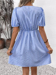 Elegant Striped Tie Front Puff Sleeves Short Sleeve Mini Dress