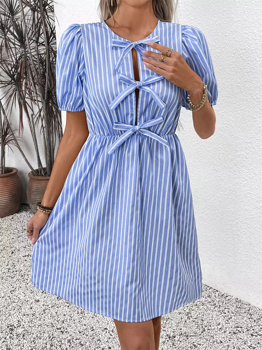 Elegant Striped Tie Front Puff Sleeves Short Sleeve Mini Dress