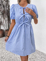 Elegant Striped Tie Front Puff Sleeves Short Sleeve Mini Dress