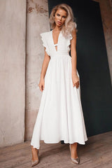 Elegant Sweet Ruffled Sleeveless Solid Color Maxi A-line Dress