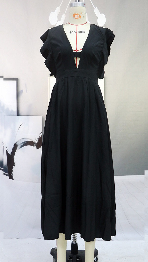 Elegant Sweet Ruffled Sleeveless Solid Color Maxi A-line Dress