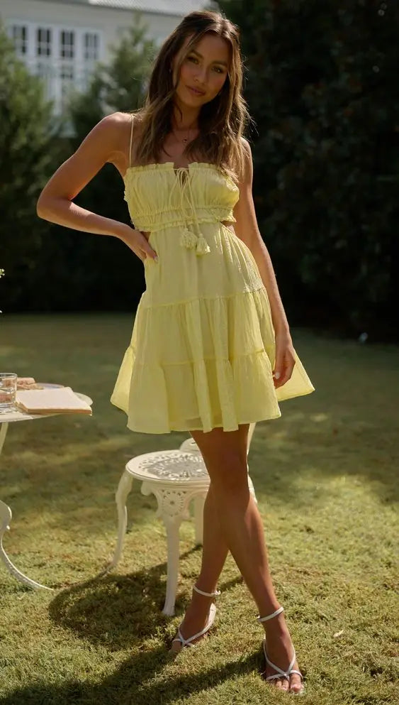 Elegant Sweet V Neck Tassel Decoration Sleeveless Backless Mini Dress