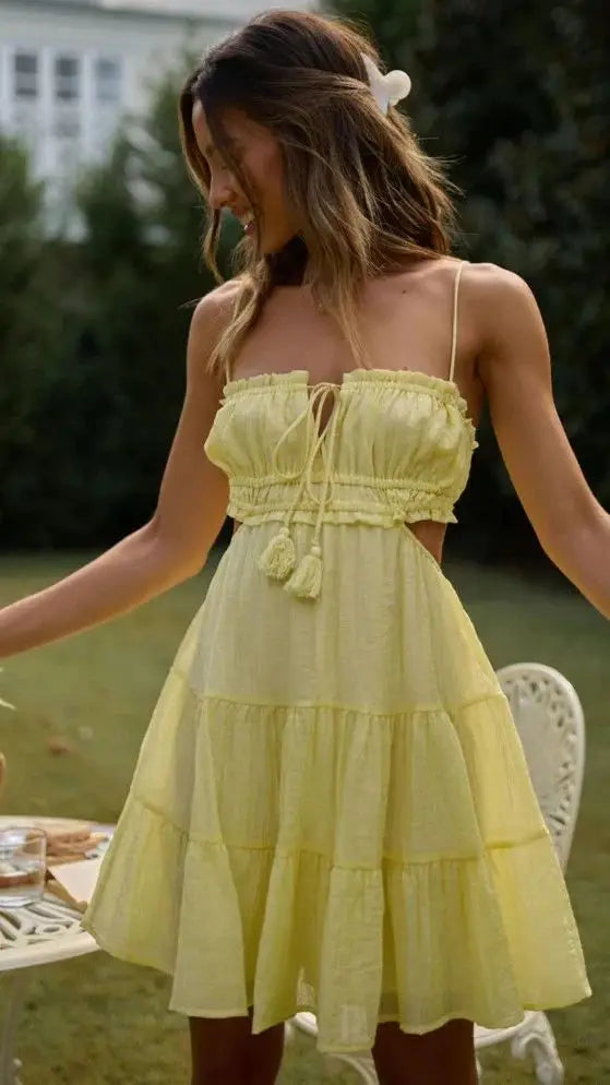 Elegant Sweet V Neck Tassel Decoration Sleeveless Backless Mini Dress