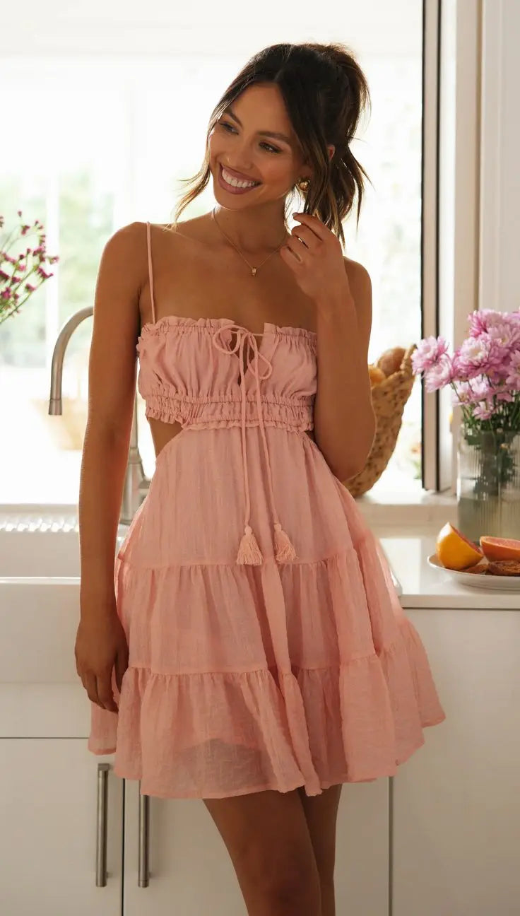 Elegant Sweet V Neck Tassel Decoration Sleeveless Backless Mini Dress