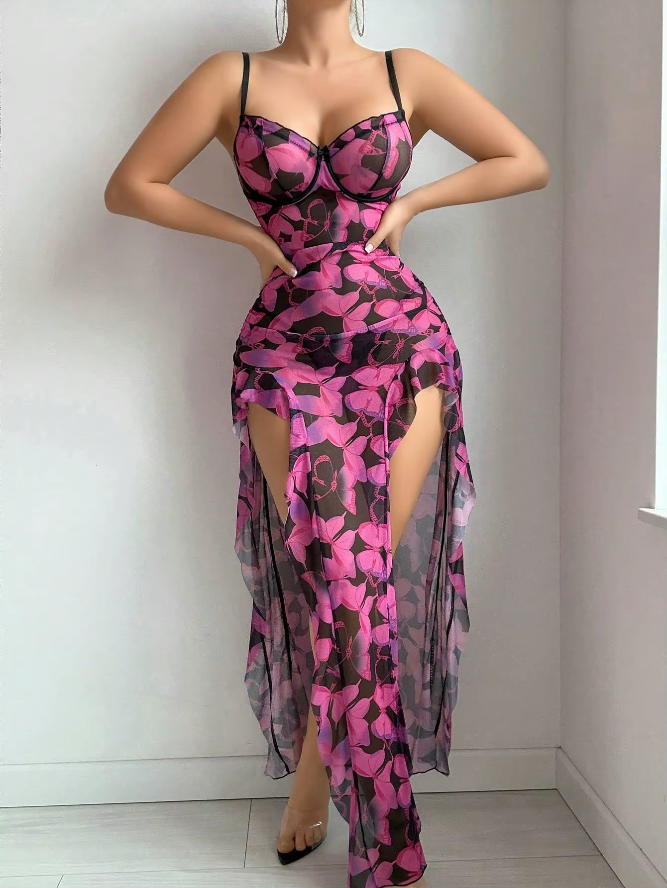Elegant Sweetheart Butterfly Hollow Out Long High Split Maxi Dress
