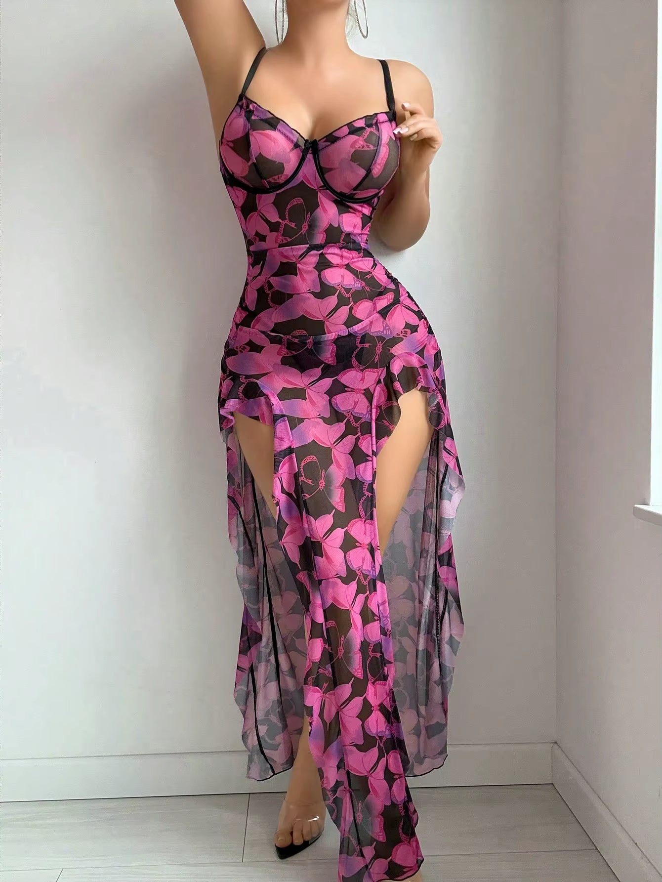 Elegant Sweetheart Butterfly Hollow Out Long High Split Maxi Dress