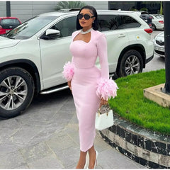 Elegant Sweetheart Neck Feather Patchwork Party Split Midi Dress
