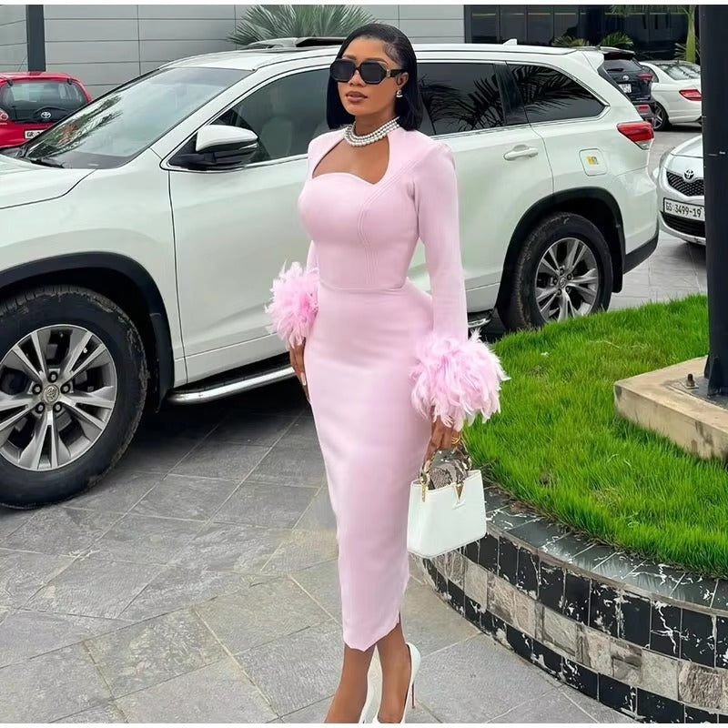 Elegant Sweetheart Neck Feather Patchwork Party Split Midi Dress