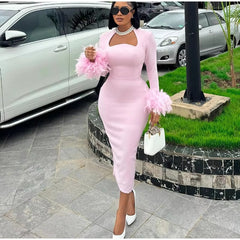 Elegant Sweetheart Neck Feather Patchwork Party Split Midi Dress