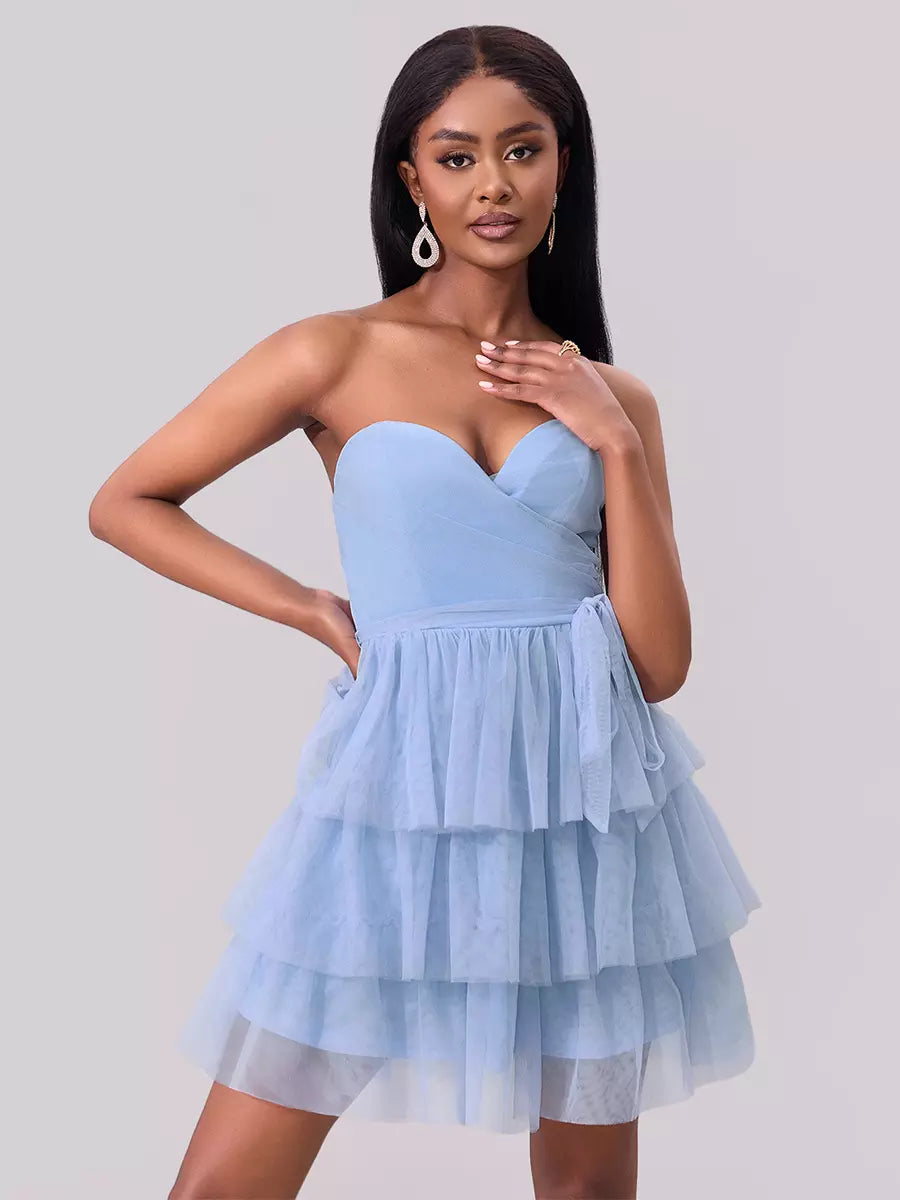 Elegant Sweetheart Neckline Tiered Ruffle Mini Party Dress